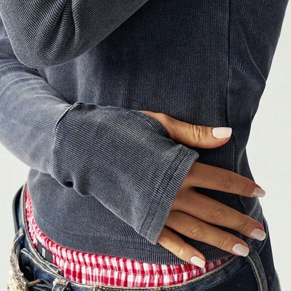 Casual Women's Boho ribbed Asymmetric Neck long Sleeve T-Shirt top - Picture 7 of 8